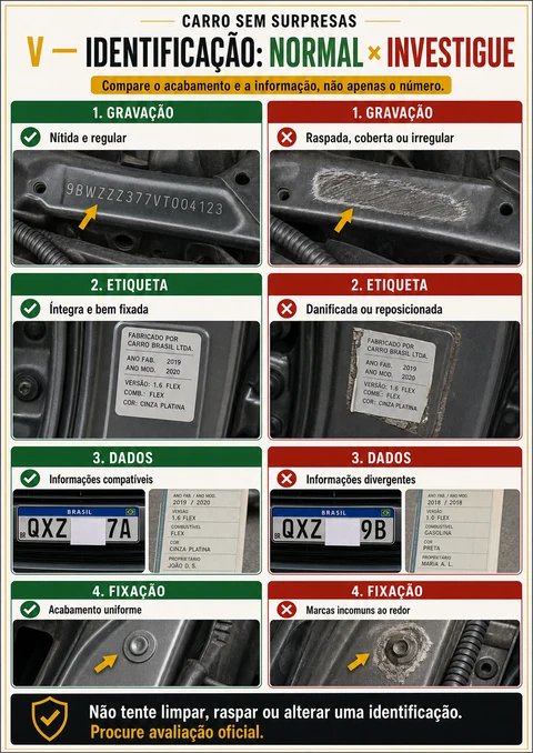 Página do manual — identificação do veículo, normal x investigue