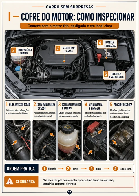 Página do manual — como inspecionar o cofre do motor